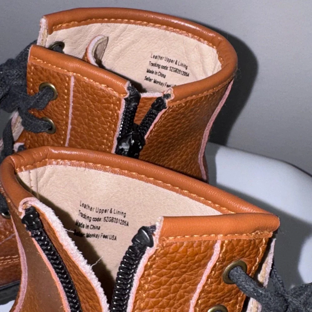 Monkey Feet Combat‎ Boots Kids 4-5Y Brown Excellent Leather Side Zip Pebbled 10